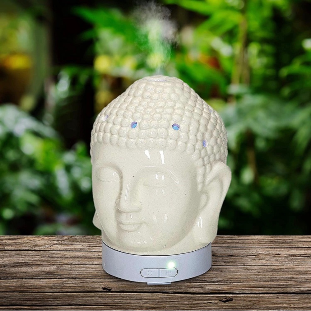 New, Aromar Ultrasonic Aroma Oil Diffuser Buddha Ceramic Deco Art White